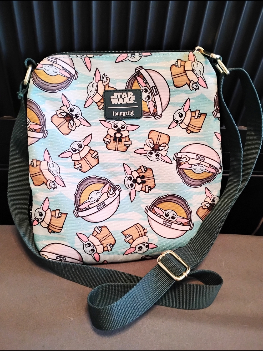 LOUNGEFLY Star Wars Grogu Baby Yoda Crossbody Bag Nylon Passport AOP Mandalorian